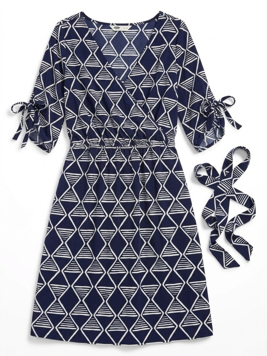 Old Navy Dresses & Skirts - OLD NAVY Navy Blue Geometric Faux Wrap Dress w/ Tie Sleeves & Belt - Medium